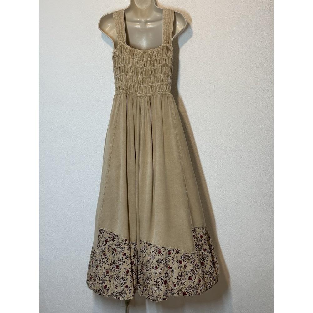 Vtg 90s Whimsigoth Lace Up Corset Maxi Dress Beige Embroidered Mixed Media Boho - Picture 2 of 8